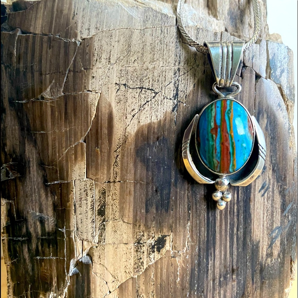 Native American Sterling Silver R.B. Stamped Rainbow Calistica Stone Pendant